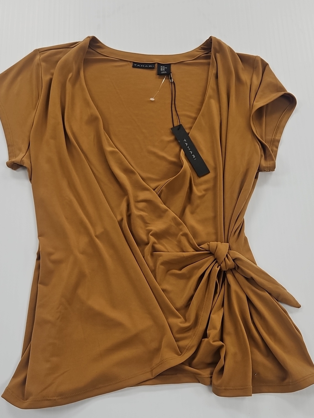 Tahari Women's Wrap-Front Short Sleeve Top - Mustard Brown